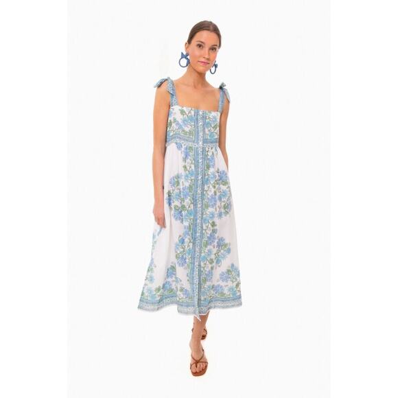 Juliet Dunn Tuckernuck Blue Rose Border Tie Shoulder Midi Button Cotton Dress - Picture 3 of 16